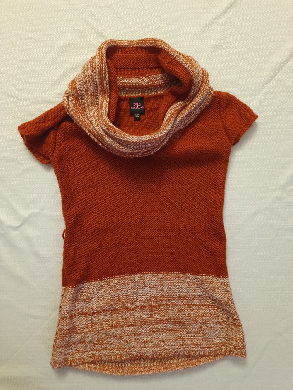 2B Bebe Burnt Orange Short-Sleeve Cowl Neck Sweater with Marled Cream Trim
